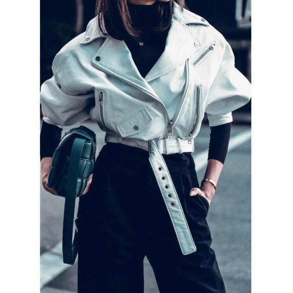 Oversize Cropped Moto Biker White Real Leather Jacket