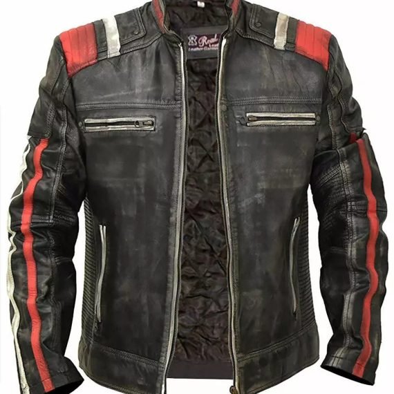 Men Moto Jacket Cafe Racer Vintage Retro Distressed Biker Black Leather Jacket