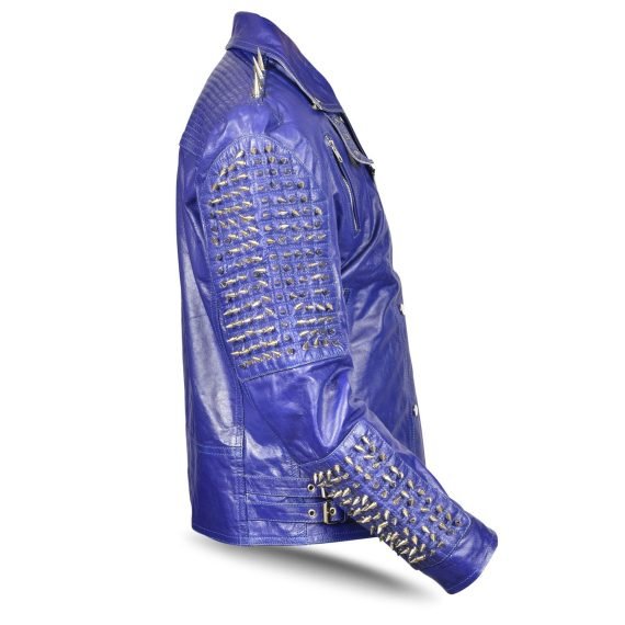 Men's Studded Jacket Full Punk Blue Metal Spiked Leather Studded Jacket