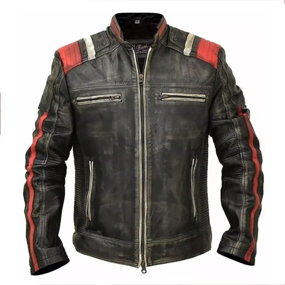 Men Moto Jacket Cafe Racer Vintage Retro Distressed Biker Black Leather Jacket