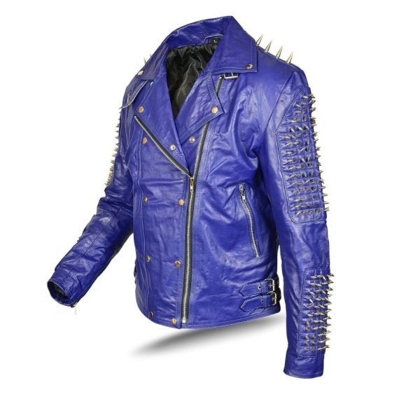 Men's Studded Jacket Full Punk Blue Metal Spiked Leather Studded Jacket