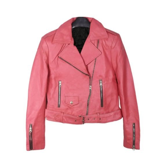 Women’s B G Cropped Pretty Pink Biker Leather Jacket